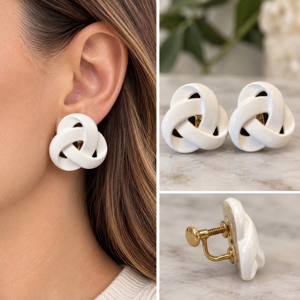 Vintage Napier White Enamel Celtic Knot Screw Back Earrings Gold Tone